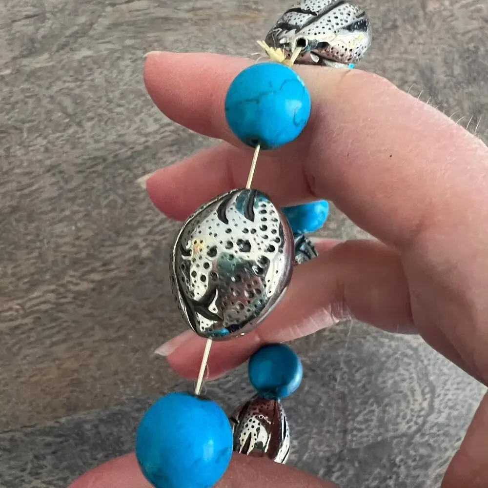 Unique and funky silver and turquoise beaded stretch bracelet